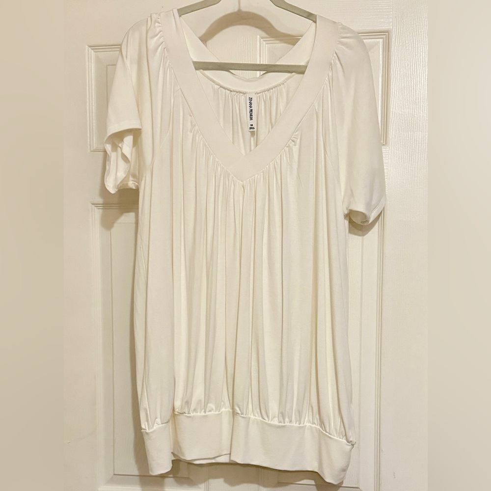 Zenana Premium Blouson-style V-neck Top in Off-White, Size 3X.